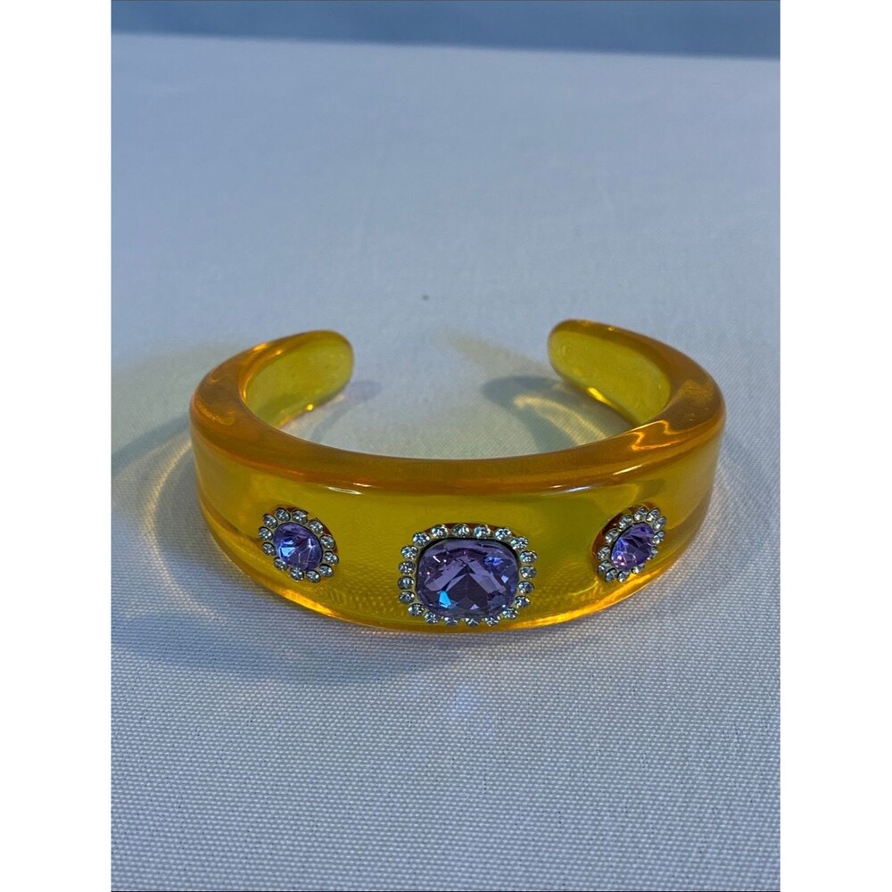 Yellow acrylic bold chunky summer cocktail cuff bracelet purple center stone